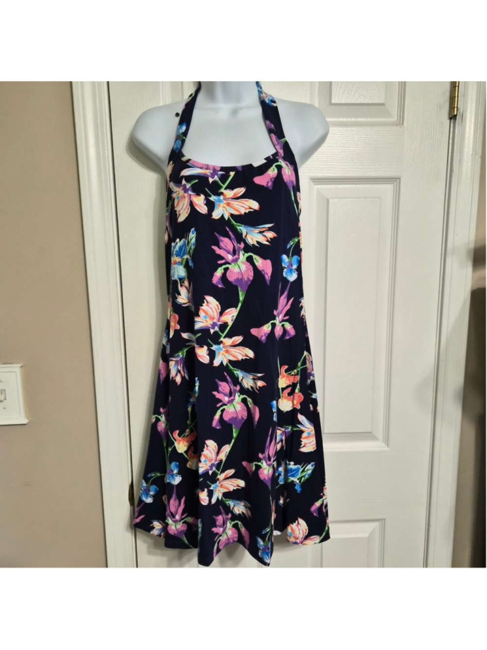 Venus Navy Blue Floral Halter Dress Navy Pink Green Purple Orange Yellow Size M